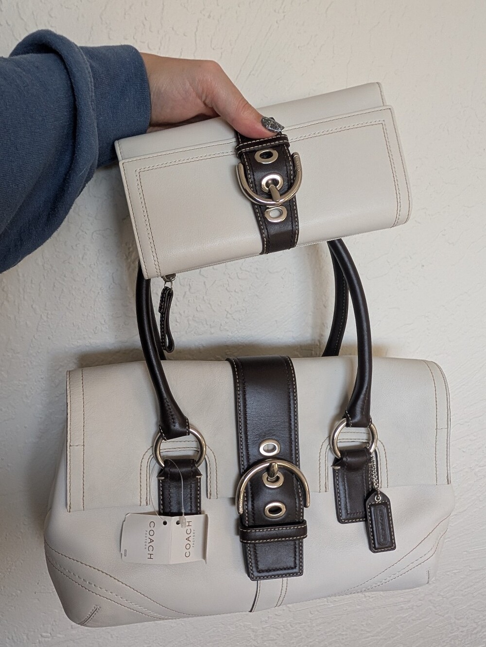 NWT! Coach Y2K '07 Soho Buckle Flap Satchel Purse & Wallet White Mahogany F10913